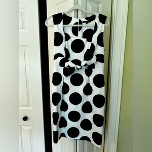 David Meister navy and white Polka Dot sheath dress with front tie, Sz 8